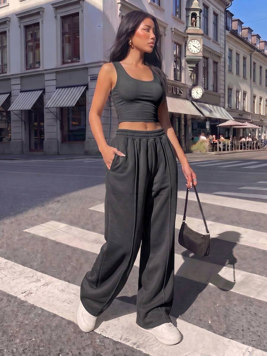 Casual Loose Solid Color Elastic Waist Sweatpants Winter - Light Grey - View 1
