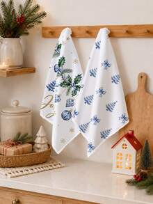 2PCS Kitchen Towels Blue Christmas Tree Illustration Pattern Print 40*60cm Minimalist Style Rectangular Microfiber Soft Kitchen Towels, Dish Cloths, Tablecloths, Hand Towels, Christmas Home Decor, Bathroom Kitchen Decor, Housewarming Gift For Neighbors, Perfect For Kitchen And Bathroom Use, Suitable For Housewives And Family Gatherings, High Cost-Performance, Household Essential - White - View 6