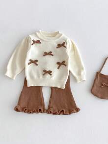 Infant & Toddler Girls Vintage Knit 2 Pieces Set, 3D Handmade Bow Petal Sleeve Pullover Top, Coffee Color Frill Trim Flare Pants, Baby Sweater Set - Apricot - View 4