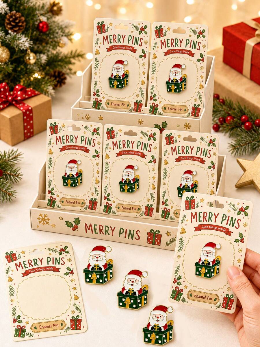 1 Set Santa Claus Enamel Brooch With Decorative Back Card, Lapel Pin For Jacket, Bag, Hat, Cute Red & Green Gift Box Design, Holiday Accessory For Office Party, Christmas Stocking, Gift Exchange, Adults Men & Women, Christmas Holiday Party Favor - Multicolor - View 1