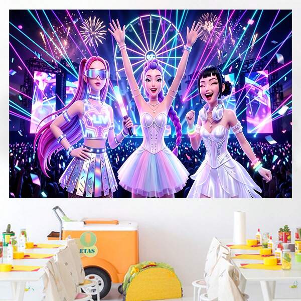 KPop Demon Hunters Authorized 1PC K-POP Theme Concert Decoration Backdrop (210*150/150*100/100*75cm) Suitable For Sweet Korean Girl Group Anniversary Celebration, Korean Drama Fan Party Supplies, Newborn Cake Table Theme Birthday Party Wall Decor, Photography Studio Decoration Props
