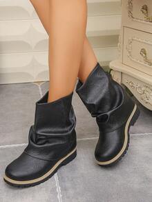 Sepatu Boot Wanita Mid-Calf Sol Tebal Nyaman Serbaguna Musim Gugur/Dingin Ukuran Besar Gaya Minimalis Modis - Hitam - View 3
