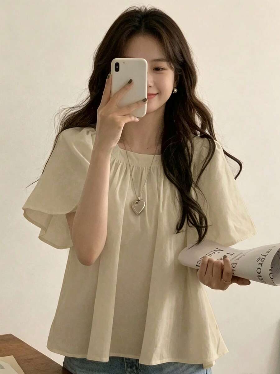 YCYC 女款夏季純色極簡休閒寬鬆百褶方領上衣 - 杏色 - 查看 1