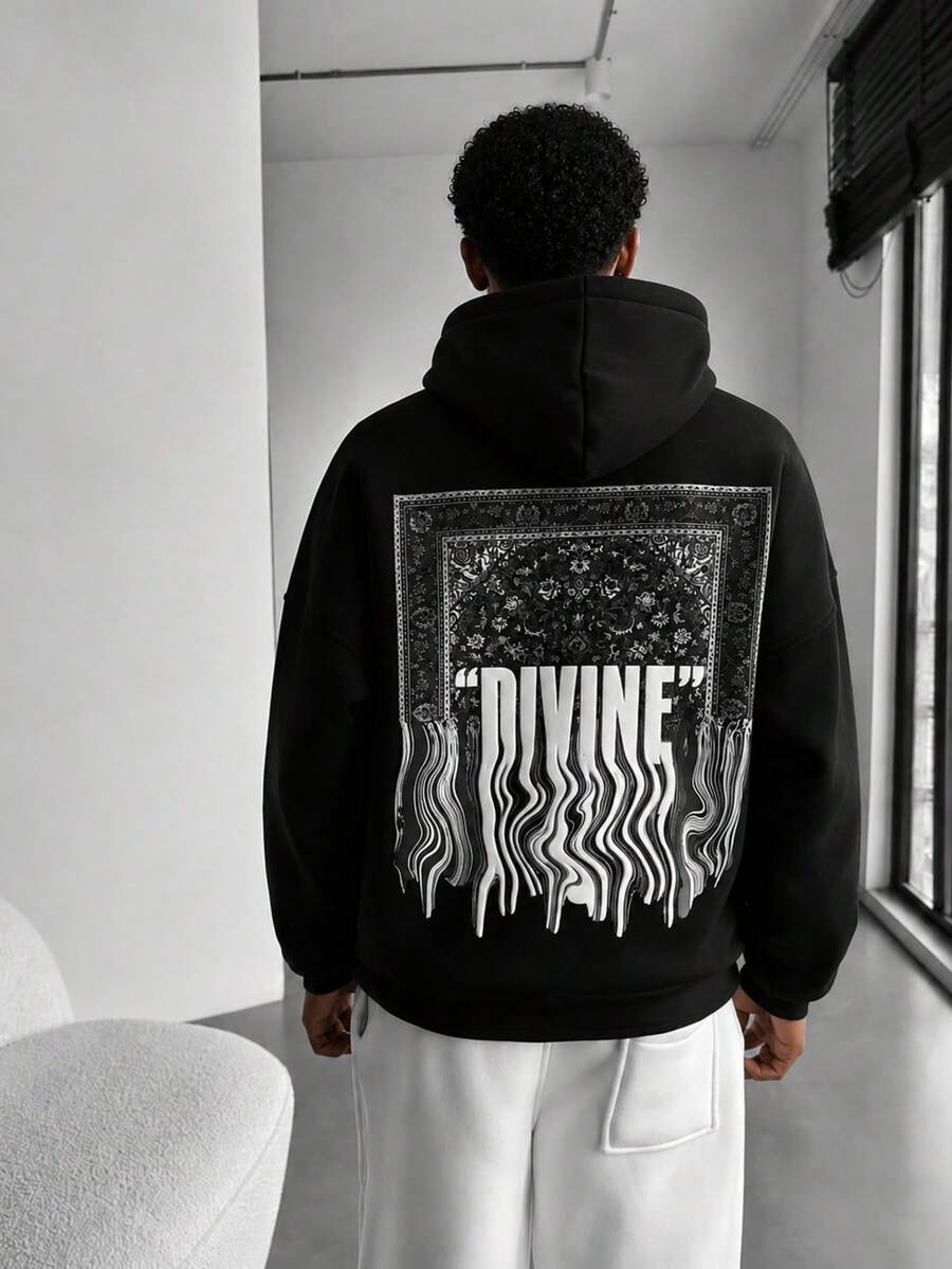 Striville Men's Loose Black Pullover Sweatshirt With Gothic Distorted Letter Back Graphic, Paisley/Western Drop Shoulder Pullover Sweatshirt, Suitable For Autumn/Winter - Black - View 1