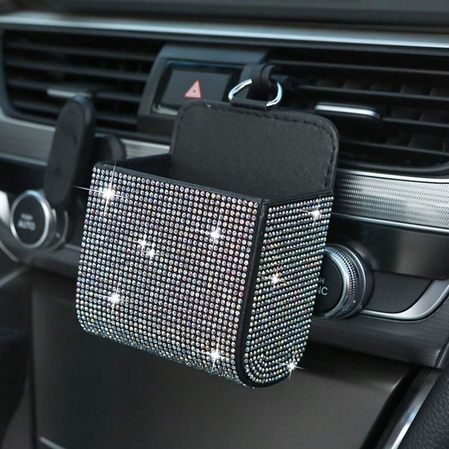 Sparkling Rhinestone Car Storage Box With Shiny Lid & Drawer - Glitter Organizer For Dashboard, Console, Or Door - Fit For Phones, Licenses, Keys, - Vehicle Interior Accessory (Suitable For Most) - A - View 1