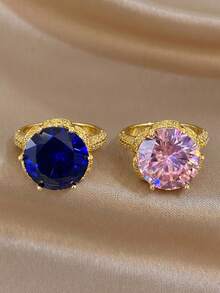 Juego de 2 Anillos de Acero Inoxidable Elegantes Vintage de Lujo con Diseño de Hada para Mujeres, Anillo de Promesa con Zafiro Redondo Grande & Circonita Rosa, Regalo Diario/Navidad/Cumpleaños/Otoño - Multicolor - Ver 4