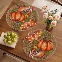 1/4/6pcs Autumn Collection Wood Grain Bottom Football Heart Pumpkin Hand-Painted Pattern Placemats, Suitable For Home Kitchen, Made Of Polyester Fiber, Kitchen Table Decoration, And Party Scene Decoration - Multicolor - View 4