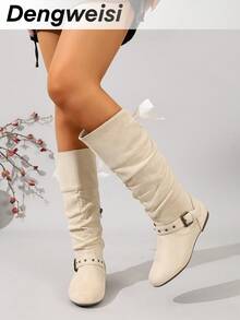 DENGWEISI Beige Slouchy Boots With Side Zipper, Flat Round Toe, Casual Comfortable Versatile Commute Daily Autumn/Winter High-Top Boots For Women Fashion - Beige - View 5