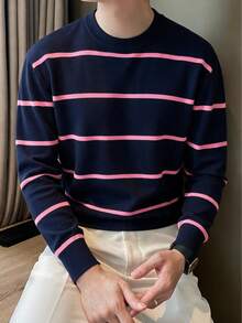 Men's Mercerized Striped Loose Drop Shoulder Crew Neck Long Sleeve Sweater - Navy Blue - View 4