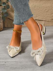 Spring/Summer New Elegant Beige Women's Slingback Pointed Toe Low Heel Pearl Rhinestone Bow Ballet Shoes, Versatile For Commute And Date - Beige - View 5
