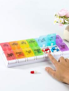 Weekly Pill Box | 2 Times Per Day Easy Open | Travel Pill Case With Button Pop-Open Design | Suitable For Vitamins And Supplements (Double Row With Tray) - Multicolor - View 3