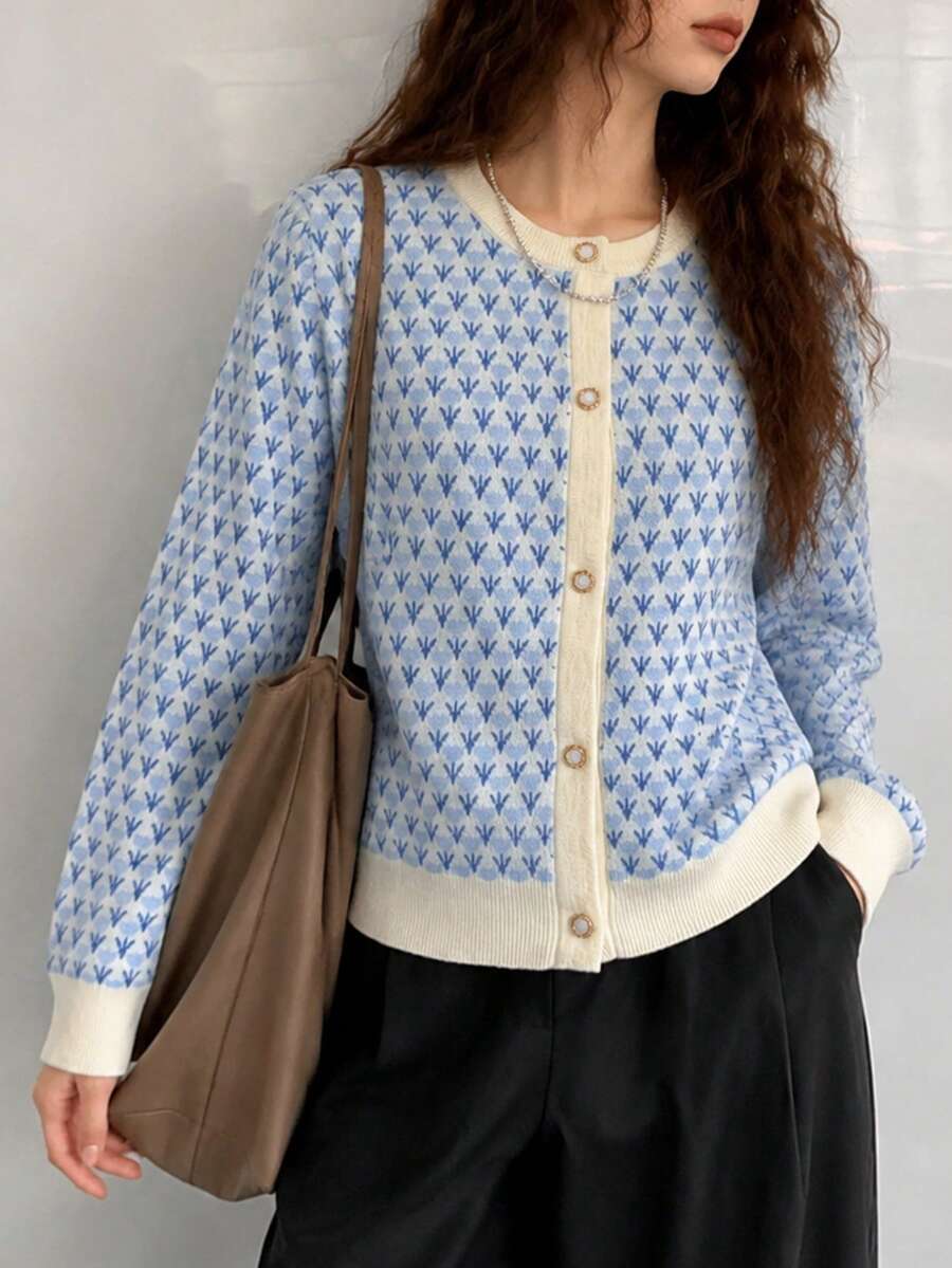 Women's Autumn/Winter Vintage Casual Elegant Floral Pattern Round Neck Cardigan Sweater Jacket - Baby Blue - View 1