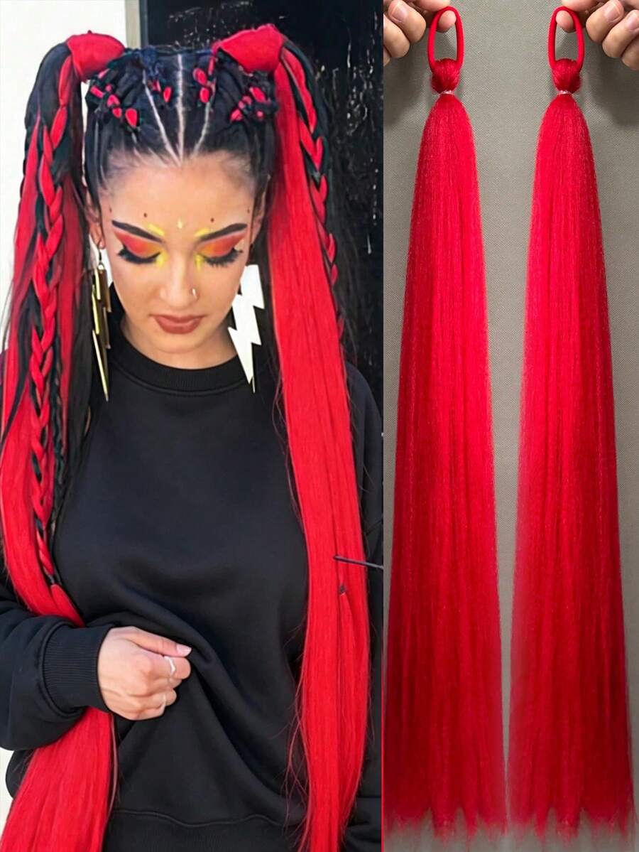 2pcs/Pack (Red+Red) Halloween Ponytail Hair Extensions, With Boxing DIY Braids, Elastic Hair Bands, Synthetic Fiber Twisted Ponytail Hair Extensions, Halloween Wig