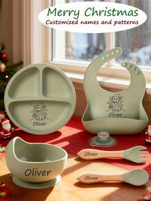 Infant Silicone Feeding Utensils, Christmas Style Customizable Name, Christmas Gift, Bib, Plate, Bowl, Fork & Spoon - Multicolor - View 1