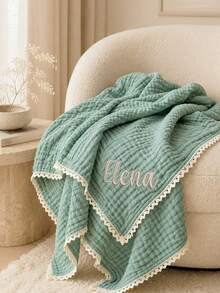 1PC Custom Embroidered Lace Hollow‑Trim Quilted Throw Blanket, Personalized Text Embroidery Solid Blanket With 7 Color Options, Home Decor Piece For Sofa Bedroom Couch, Thoughtful Holiday Gift For Household Family Members Daily Home Usage - Multicolor - View 8