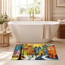 1pc Cartoon Town Pattern Printed Faux Cashmere Kitchen Mat, Absorbent Kitchen Rug, Kitchen Carpet, Long Strip Doormat, Sink Front Mat, Suitable For Kitchen, Bathroom, Entryway, Hallway, Laundry Room And Home Decor - Multicolor - View 9