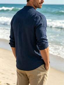 Men's Stand Collar Linen Long Sleeve Polo Shirt, Pure White Textured Casual Top, Double Button Half Placket, Suitable For Beach Vacation And Daily Wear - Navy Blue - View 6