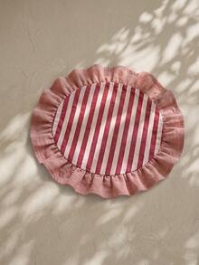 1/2/4/6/12pcs Red & White Thin Striped Pink Ruffle Edge Fabric Placemats, Fresh Natural Style, Round Shape With Ruffle Edge Patchwork Details, Stain-Resistant Tabletop Protection And Decorative Function, Suitable For Daily Breakfast And Natural Home Decor Scenes - Red - View 1