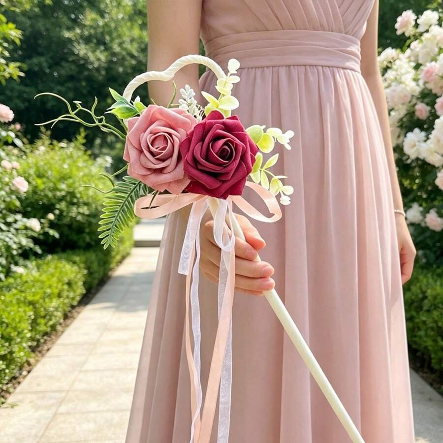 Artificial Flower Wand For Bridal Ribbon Faux Flower Bouquets Wedding Props - Red - View 1