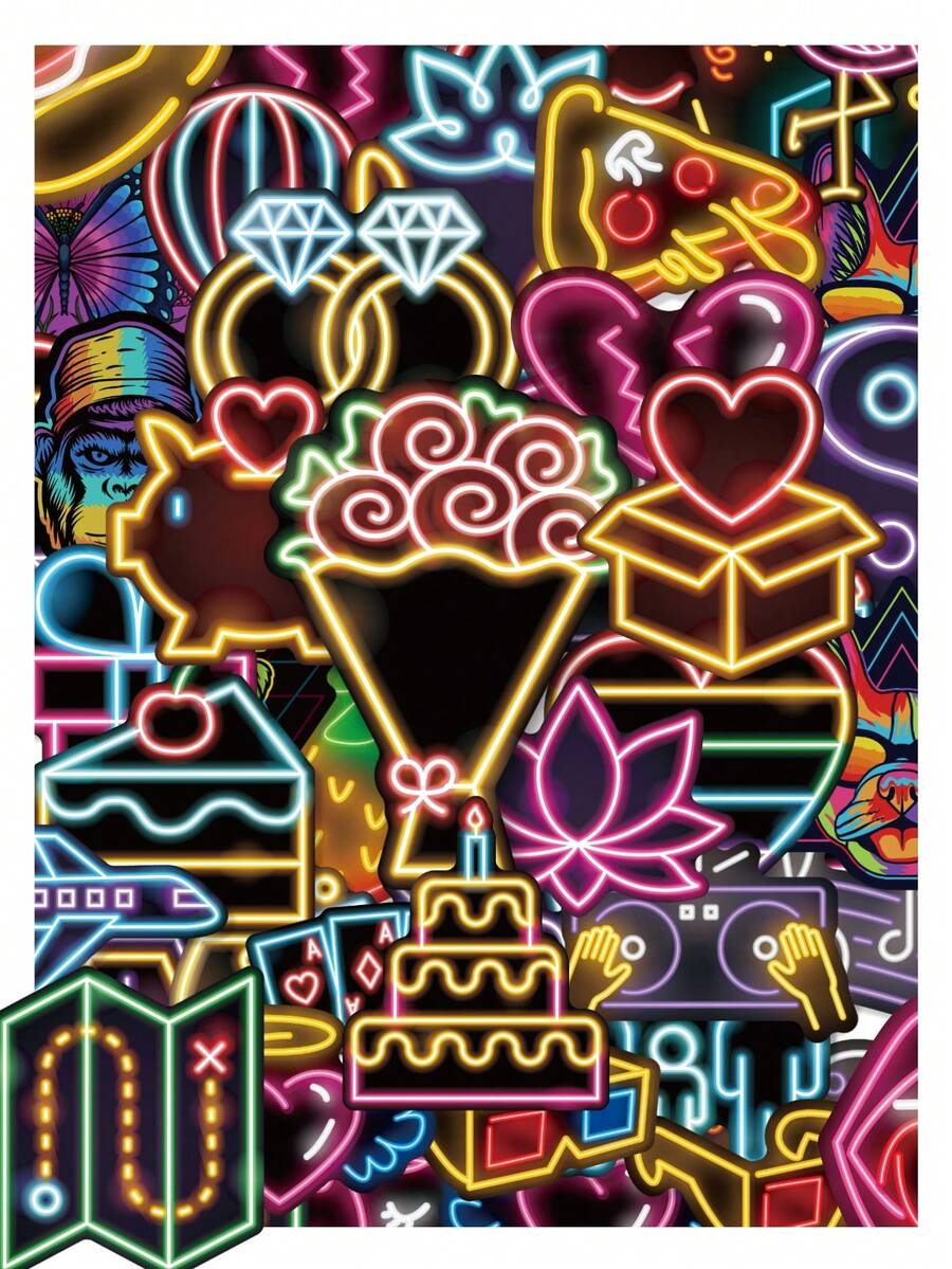 50pcs Vibrant Mixed Neon Theme Stickers, Cool Multi-Pattern Graphic Stickers, Waterproof Vinyl Stickers, Suitable For Phone, Kindle, Laptop, Luggage Decoration - Multicolor - View 1