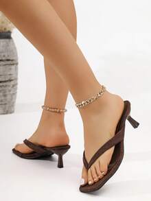 Women's New Summer Elegant Coffee Brown Square Toe Kitten Heel Flip Flop Sandals, Fashion Minimalist Versatile Thong Sandals With Open Toe, Heel Height 1.8-2 Inches (Approx. 4.6-5 Cm), Wide Foot High Heel Shoes - Coffee Brown - View 8