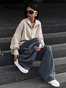 Jaket Sweatshirt Wanita Warna Polos dengan Bahu Longgar, Lengan Panjang, Kerah Polo, Gaya Street Wear, Musim Gugur/Dingin/Semi, Hoodie dengan Belahan untuk Wanita Keren - Aprikot - View 2
