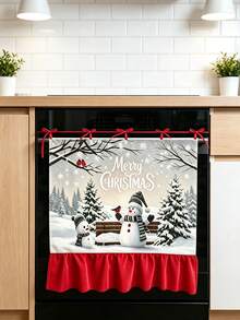聖誕烤箱門簾，雪人冬季森林場景印花，Merry Christmas 字樣，紅色波浪邊懸掛裝飾，適用於廚房、節日派對、農舍風家居裝飾 - C - 查看 9