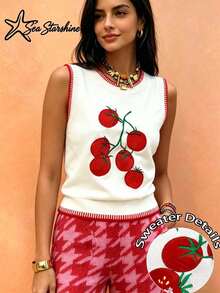 Women's Sleeveless Tomato Pattern Knit Vest, Casual Holiday Style, Autumn/Winter Spring - Apricot - View 2