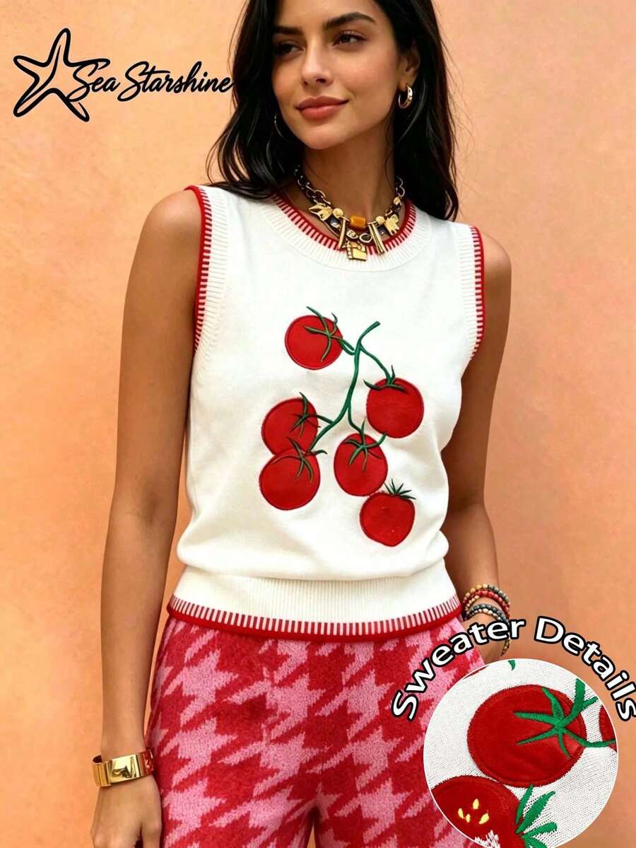 Women's Sleeveless Tomato Pattern Knit Vest, Casual Holiday Style, Autumn/Winter Spring
