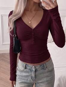 Top NOIRLYN pour femmes Y2K automne décontracté sexy blocs de couleurs coupe slim manches longues col en V, convient pour le port quotidien - Violet - Voir 5