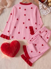 Girls Striped Heart Print Button Front Pajama Set, Ruffle Trim Long Sleeve Top+Pants, Soft Cute Tween Girl Sleepwear Loungewear For Home,Christmas,Parties - Pink - View 4