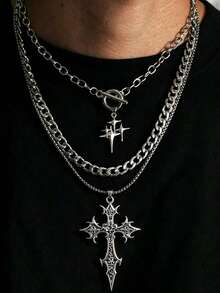 3pcs Vintage Gothic Punk Style Star & Shooting Star Stainless Steel Cross Layered Necklace Set, 3-Layer Clavicle Chain Y2K European & American Style Necklaces For Women - Silver - View 3