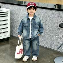 Boys' Toddler Autumn Denim Jacket & Pants 2 Pieces Set, Suitable For Daily, School, Outdoor, Casual Wear - Blue - View 1