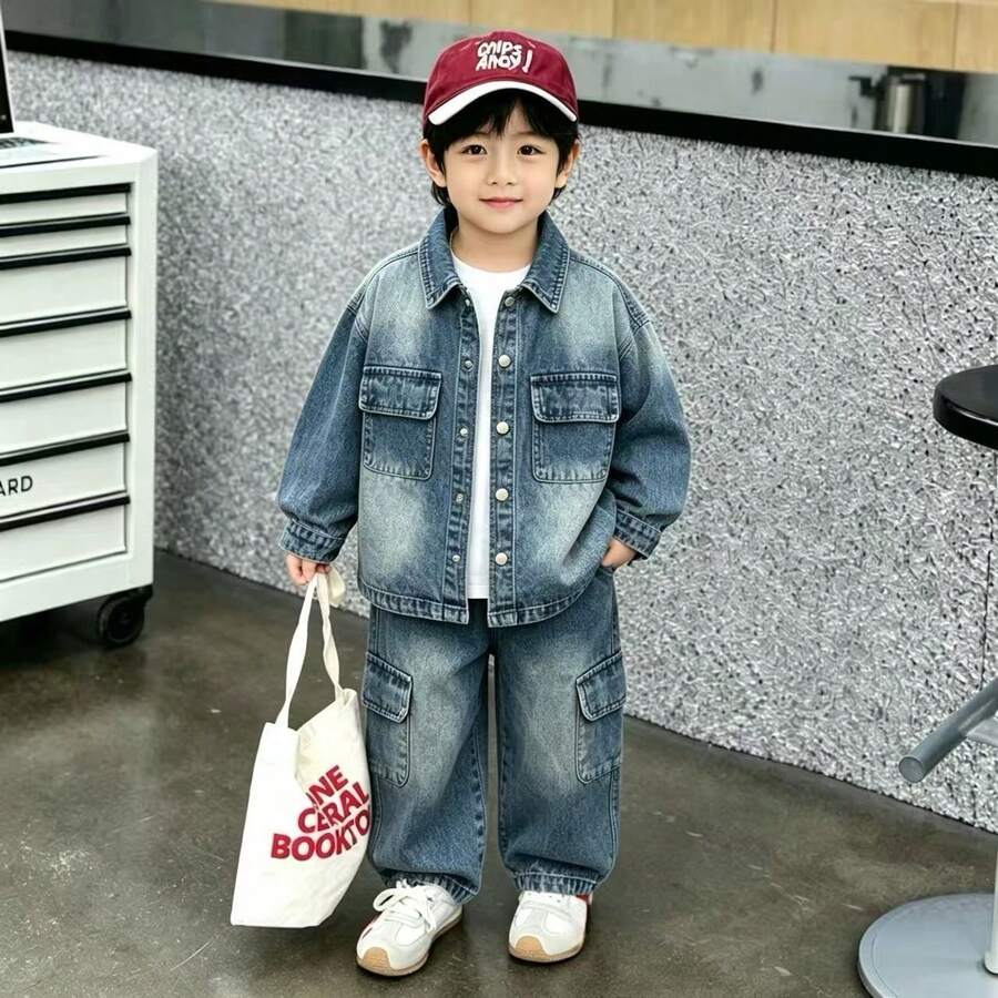 Boys' Toddler Autumn Denim Jacket & Pants 2 Pieces Set, Suitable For Daily, School, Outdoor, Casual Wear - Blue - View 1
