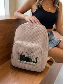 1 Piece Backpack, Women's Mini Backpack, Corduroy Girl's School Bag, Travel Storage Bag, Kitten‑Printed Design, Large‑Capacity Foldable Easy‑To‑Store Bag, Lightweight And Pressure‑Relieving, Multi‑Pocket Layered Design With Zipper Closure - Black Kitten 21008 - View 4