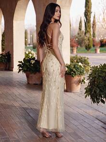 HOMEYEE Women's Embroidered Elegant Hoco Long Backless Tie Strap Fitted Cocktail Dress For Birthday Party - Gold - View 4