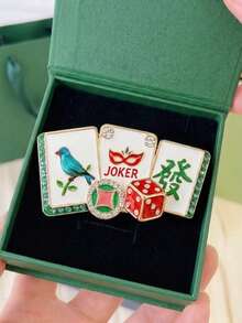 1pc Women's Fun Mahjong Brooch, Gold Enamel Clown Card & Lucky Charm Lapel Pin, Green Rhinestone Coat Scarf Accessory - Multicolor - View 2