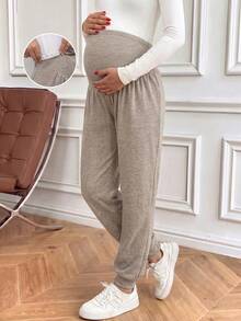Pregnant Women's High-Stretch Khaki Maternity Jogger Pants: High Waist Belly Support For Work, Lounge & Daily Activities - Khaki - View 7