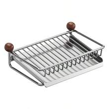 1pc Soap Dish Holder, Stainless Steel And Solid Wood Countertop Organizer With Drain Tray, Multi-Purpose Storage Rack For Bathroom Soap, Kitchen Sponge And Makeup Brush, Space Saving Freestanding Holder For Vanity And Home Organization - Multicolor - View 12