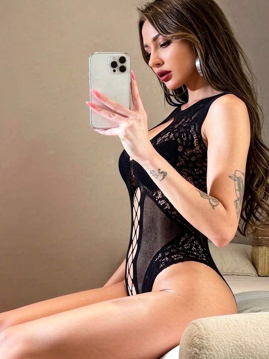 Women's Sexy Fishnet Jumpsuit, Footless Stockings, Sleeveless Lace Halter Neck One-Piece Pantyhose, Bikini Cover-Up - Black - View 1