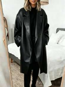 Women's Mid-Length Casual Loose Leather Jacket Coat For Autumn/Winter - Black - View 3