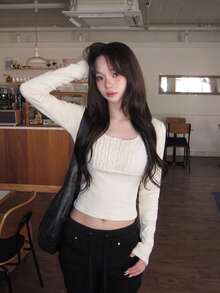 秋季新款蕾絲荷葉邊鈕扣方領長袖修身T恤上衣 - 杏色 - 查看 2