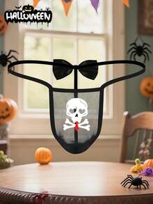 Halloween Men's Black Sexy Mesh Breathable Comfortable Cool Skull Print Semi-Sheer Large Pouch Bow Decor Thong - Black - View 1