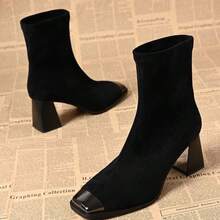 French Style Steel Toe Thick Heel Ankle Boots For Women, 2026 Autumn/Winter New Sexy Square Toe Slim Fit Elastic Ankle Boots - Black - View 4
