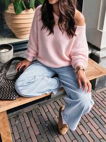 Women's Casual Loose Knit Solid Color Ribbed Soft Fuzzy Sweater, Suitable For Beach & Vacation - Pink - View 1