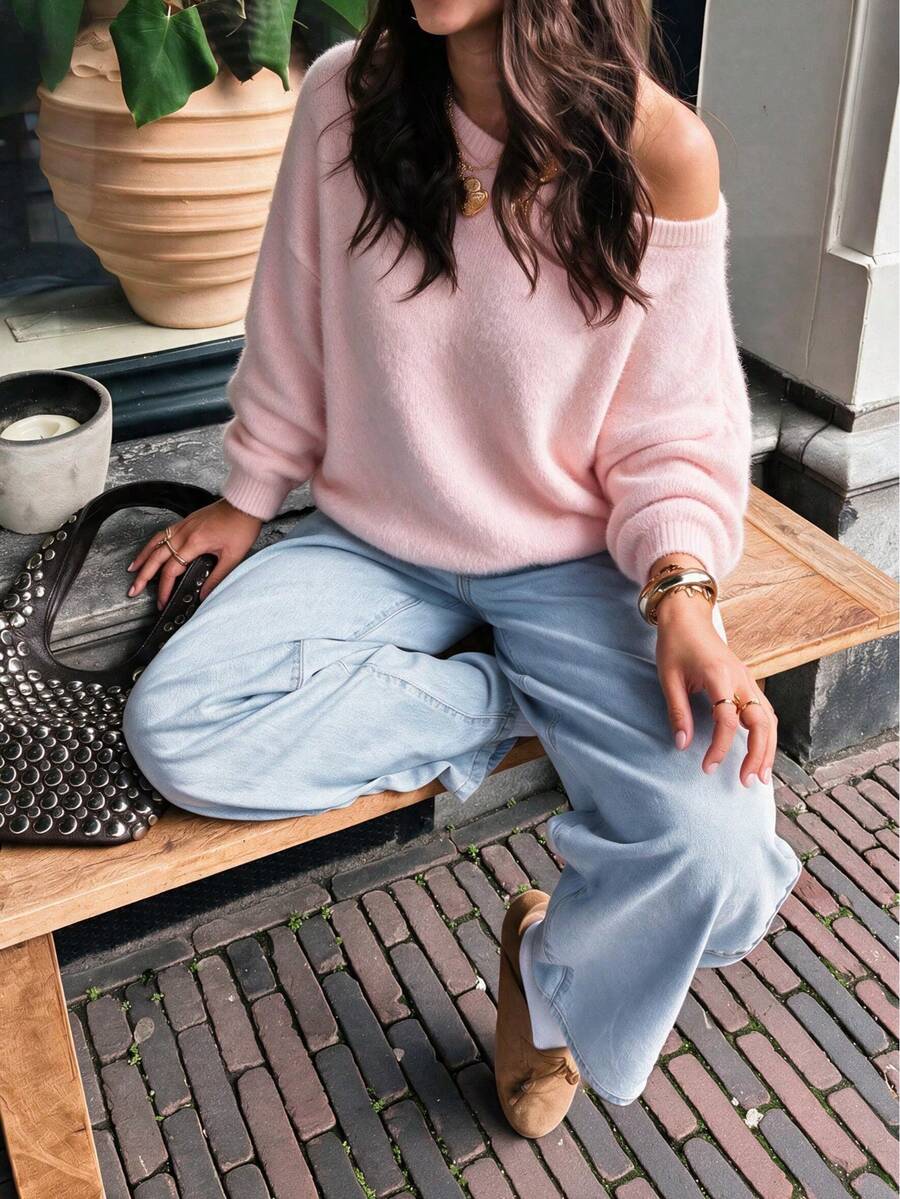 Women's Casual Loose Knit Solid Color Ribbed Soft Fuzzy Sweater, Suitable For Beach & Vacation - Pink - View 1