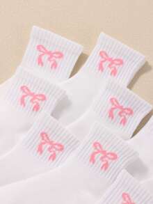 5/10/20 Pairs Baby Toddler White Crew Socks Pack, Sweet Pink Ribbon Bow Rib Knit Socks For Kids Halloween, Suitable For School Uniform Outdoor Wear - Multicolor - View 3