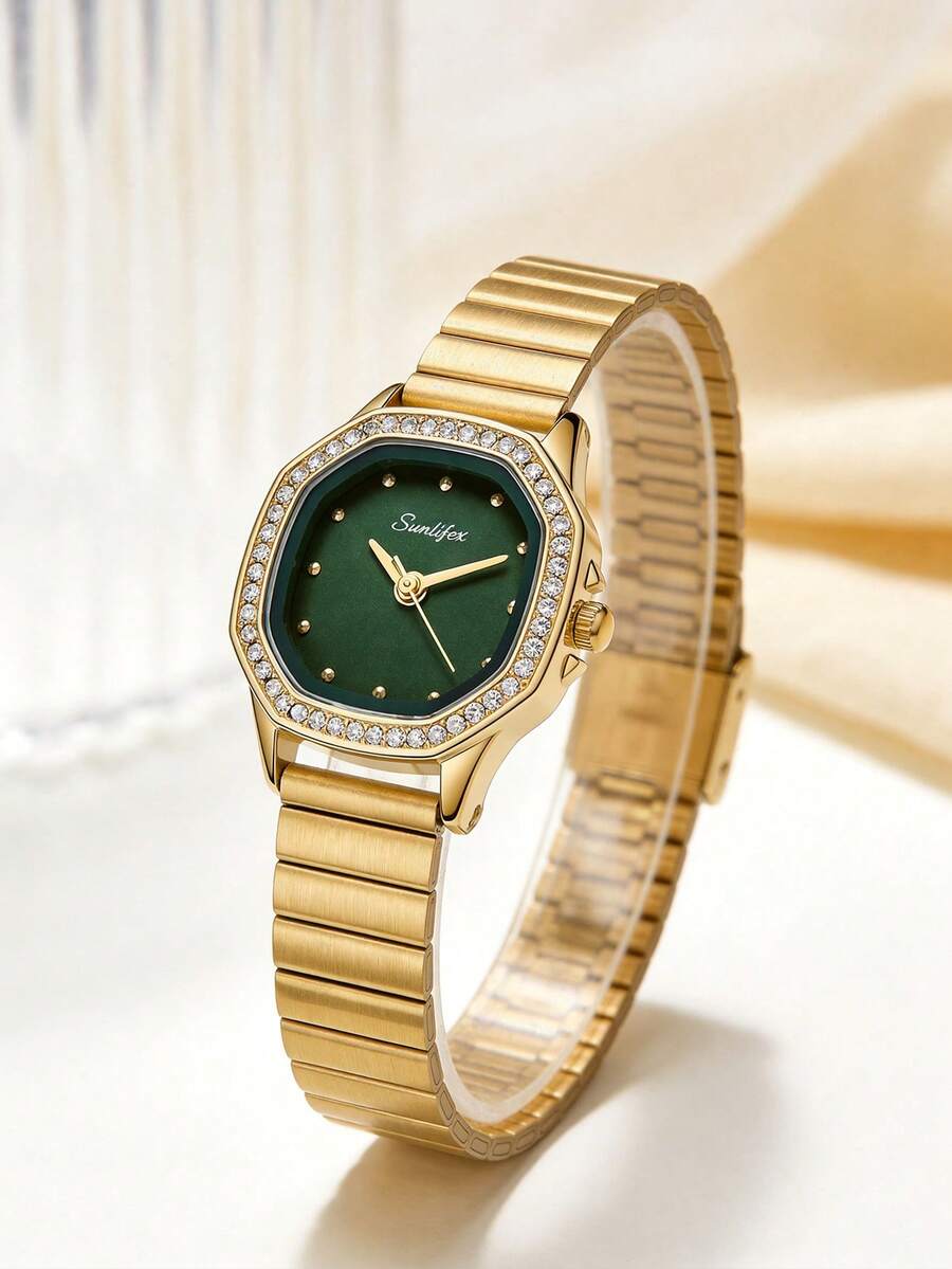 1pc Women's Octagonal Vintage Luxury Quartz Watch, Gold Alloy Case With Rhinestone Bezel, Minimalist Dial, Elegant Gold Alloy Strap - Green - View 1