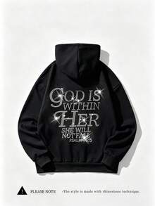 Women's Black Rhinestone "God Is Within Her" Sweatshirt, Faith Jesus Christian Quote Cute Style, Autumn Women's Back To School Season Sweatshirt - Black - View 4