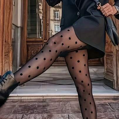 1 Pair Thin Sexy Elegant Fashion Polka Dot Jacquard Tights, Versatile Pantyhose For Women's Daily Outfit